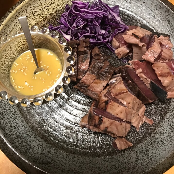 紫キャベツと辛子酢味噌添え、鰹のたたき